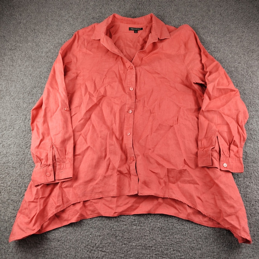 For Cynthia Linen Shirt Blouse Button Front Long Sleeve Sz Large Coral EUC